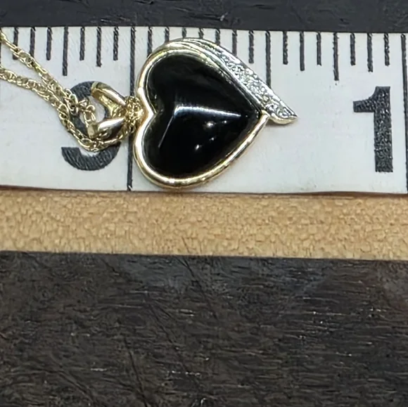 14K 10K Plumb Solid Yellow Gold Diamond Onyx Heart Pendant Ring & Necklace - Picture 8 of 17